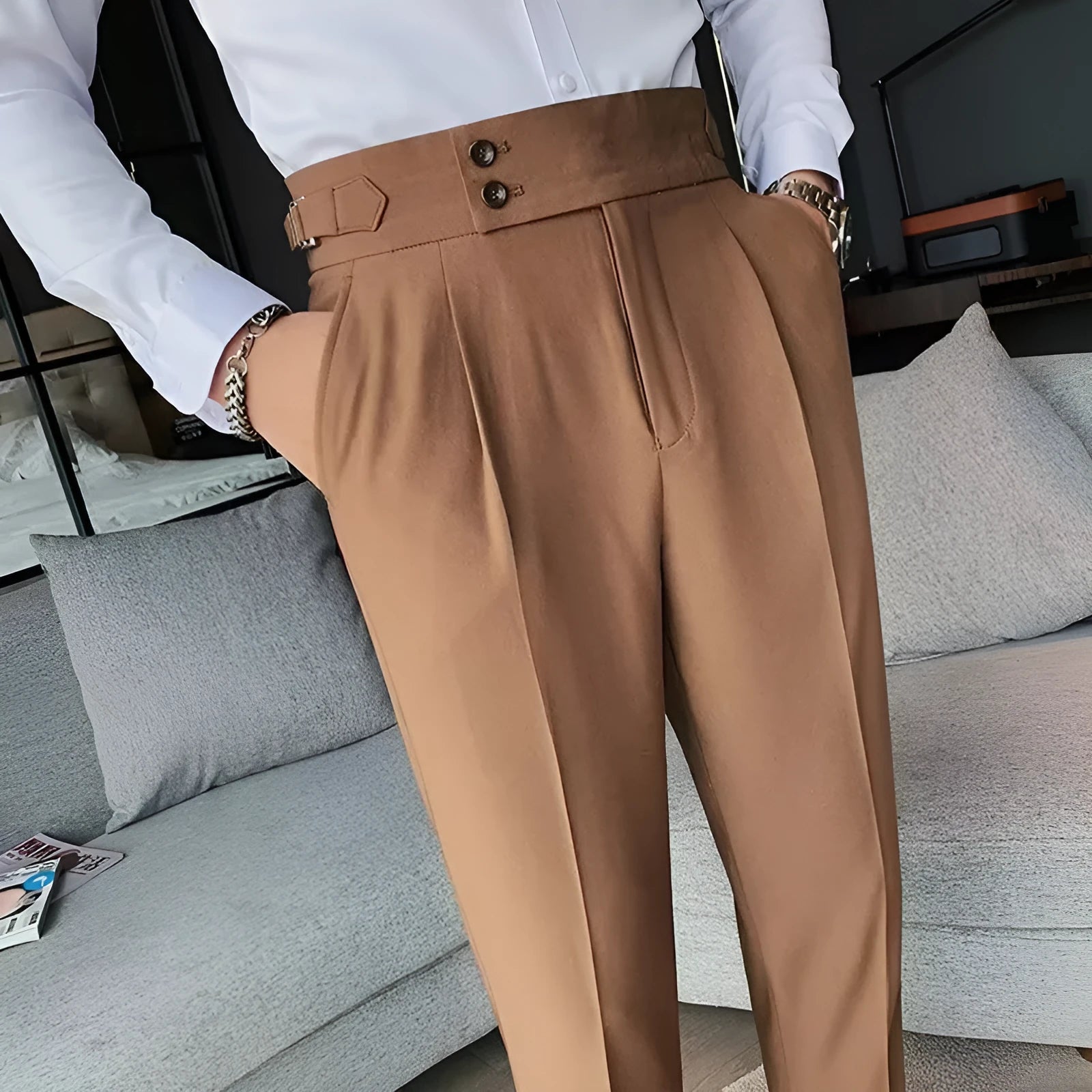 Cotton blend high waist straight leg trousers in black, shown flat