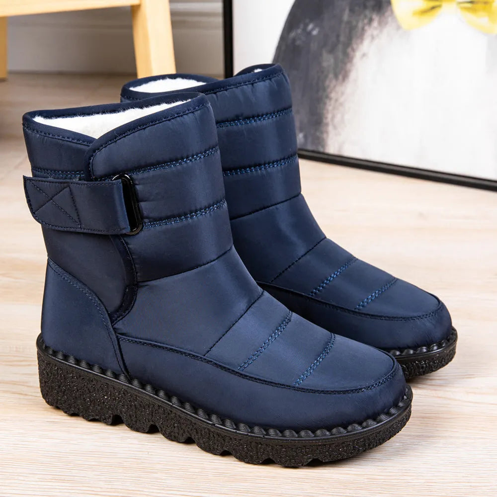 Women's winter snow boots in black, waterproof cloth upper, thick sole, Velcro fastening