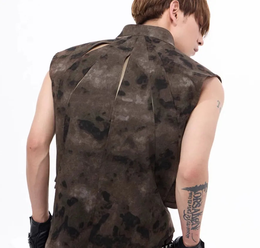 Men's denim vest and camouflage trousers set shown on a model, featuring a semi-high collar and button front.
