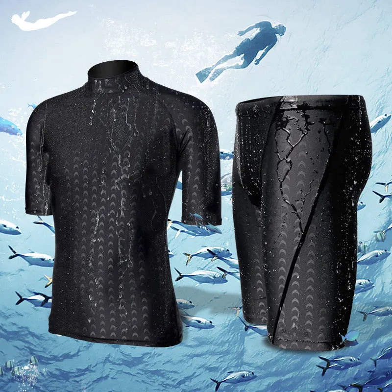 Men's black leopard print quick-dry swimsuit set with short-sleeved top and split shorts on beach