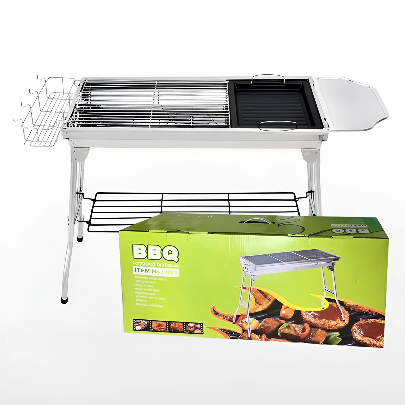 Large stainless steel folding portable barbecue oven with grill, shown outdoors.