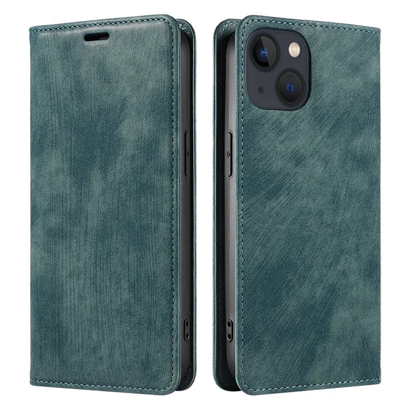 Magnetic flip phone case for iPhone in a solid colour, showing TPU frame and leather cover.