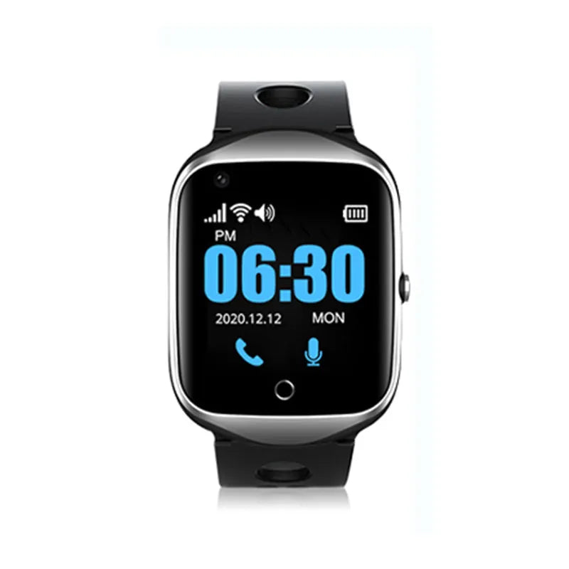 Square screen elderly smartwatch with silicone strap, showing SIM slot and dimensions of 51mm by 41mm.