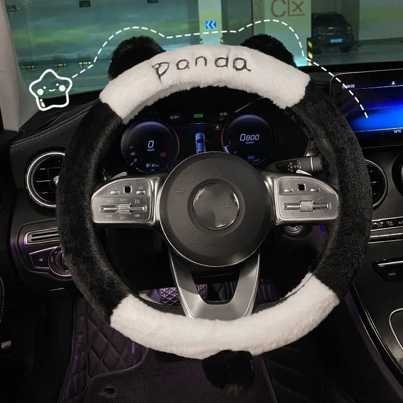 Winter plush panda car seat cushion with elastic hemming and memory foam filler on car seat