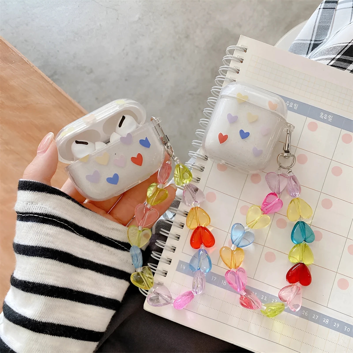Color love chain TPU flip protective case for Apple AirPods, solid colour graphic, with chain attachment for hands-free carrying