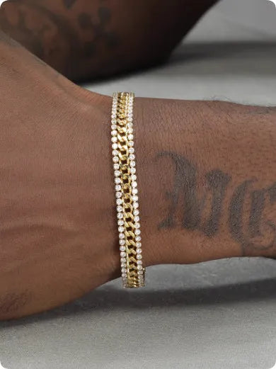 Gold titanium steel hip hop style tennis bracelet with artificial gemstone inlays for men and women.