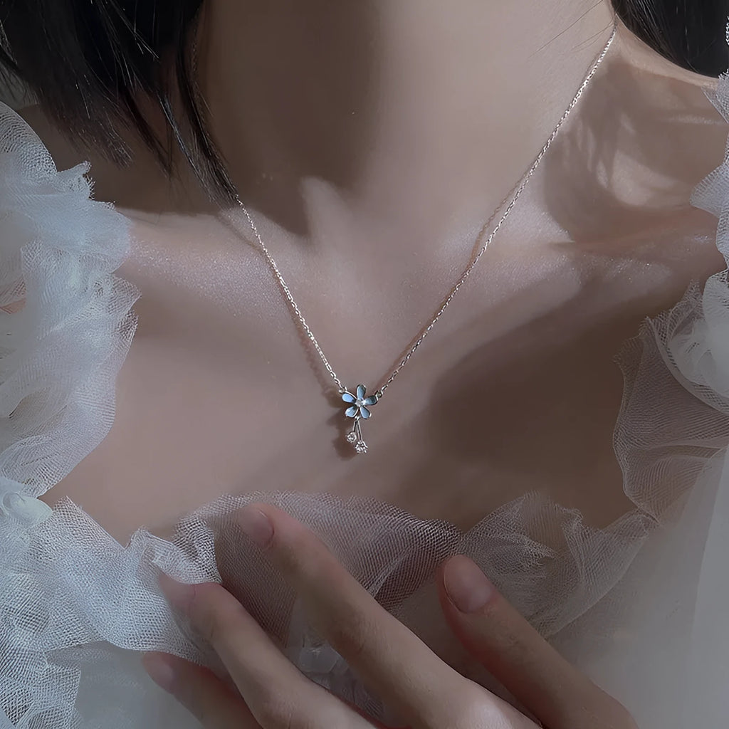 S999 pure silver flower pendant necklace with white nano anti-oxidation finish on cross chain