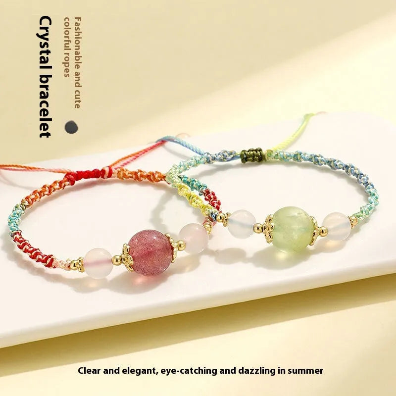 Hand-woven women's couple bracelet with gemstone beads and white agate straps in diamond pattern