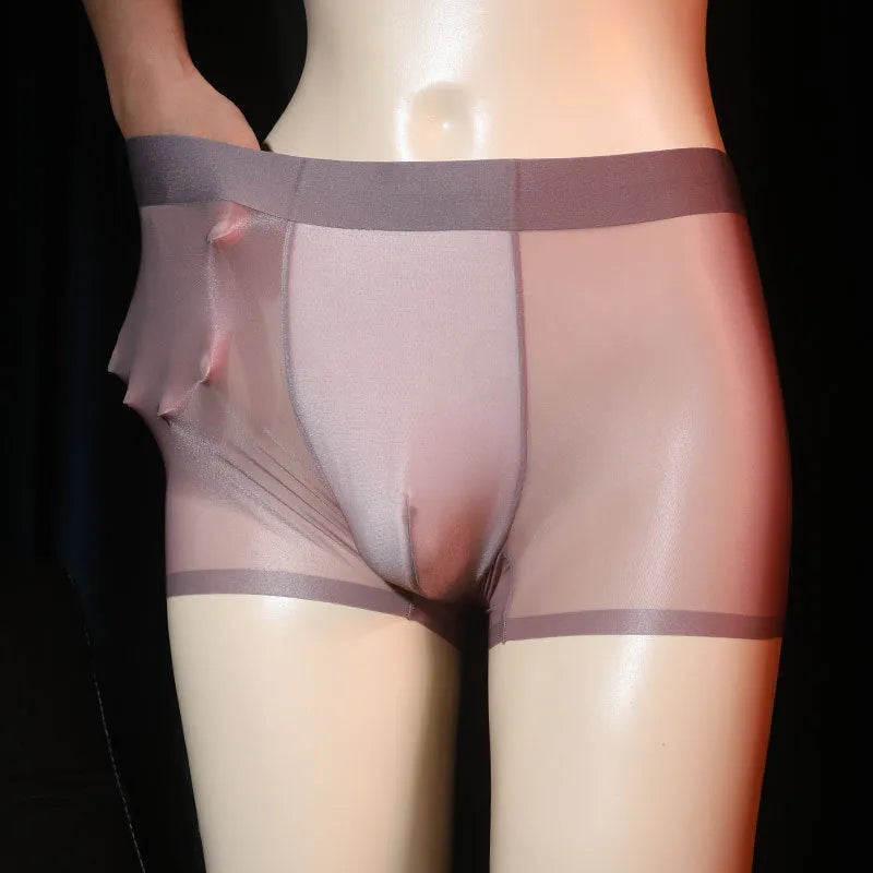 Men's ultra-thin transparent ice silk boxer shorts in light grey, shown flat.