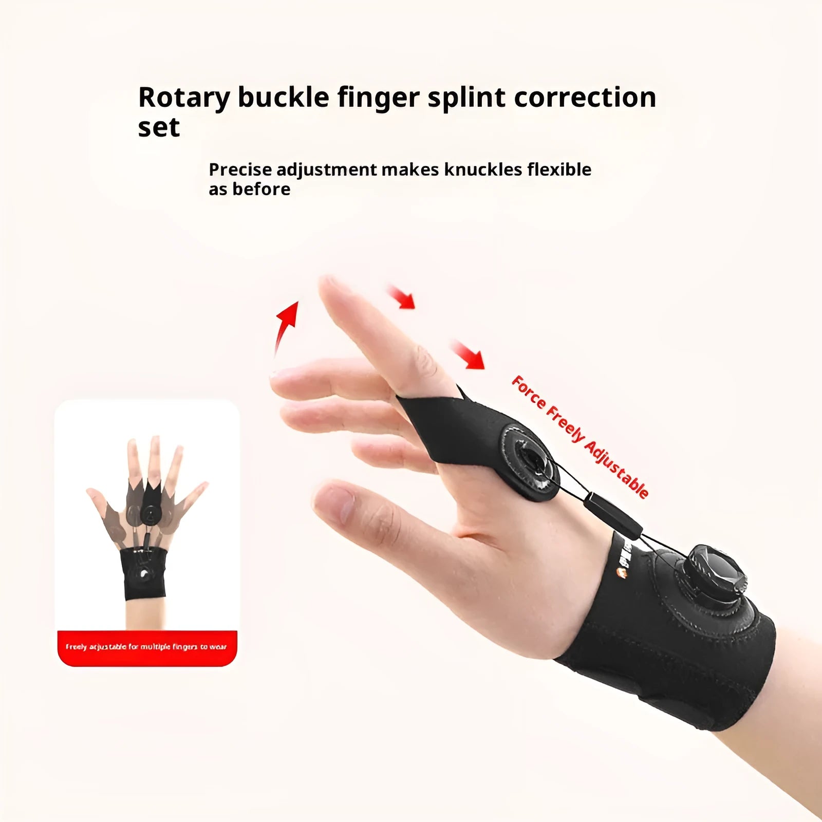 Rotating trigger finger corrector for thumb tendon sheath, five-finger universal, left hand shown, size S or M