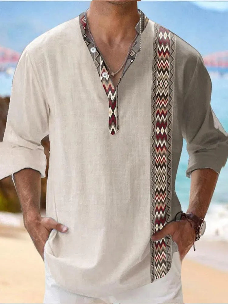 Men's thin digital bamboo linen Hawaiian shirt with stripe pattern in cardigan style