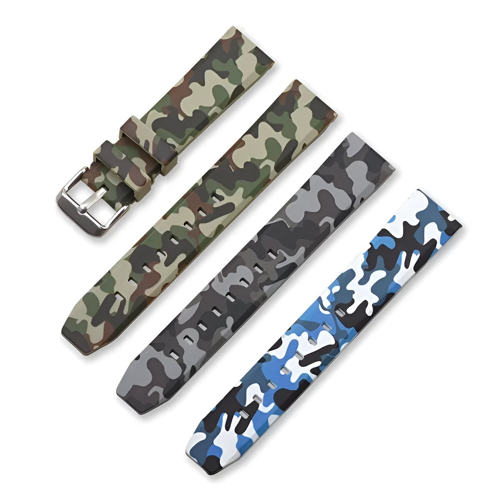 Green camouflage silicone watch strap for flat head watches, shown next to blue and grey pattern options