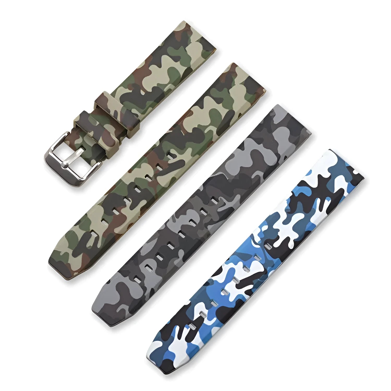 Green camouflage silicone watch strap for flat head watches, shown next to blue and grey pattern options