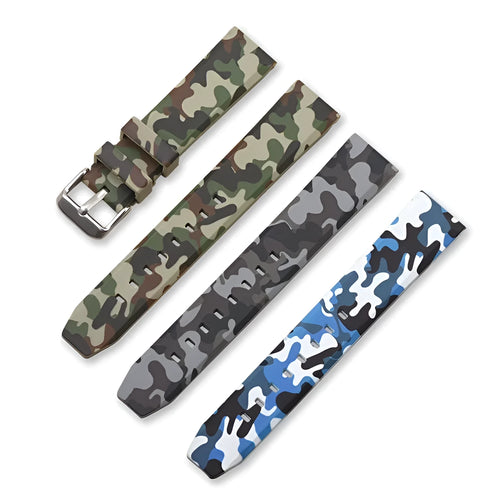 Green camouflage silicone watch strap for flat head watches, shown next to blue and grey pattern options