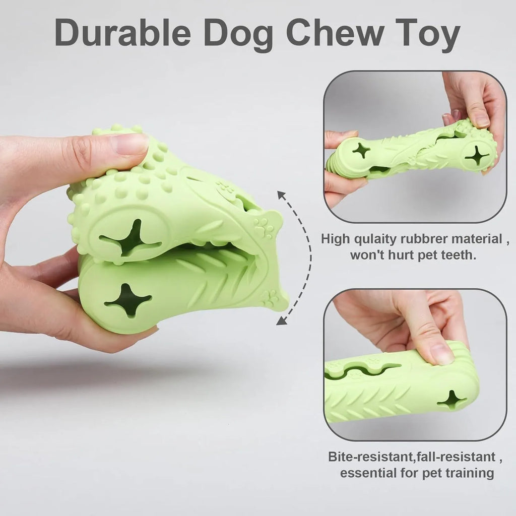 Natural rubber bone-shaped dog chew toy in blue, green, or orange colours with textured surface for teeth cleaning