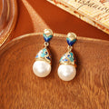 Enamel pearl stud earrings with real gold plating, geometric round design, Chinese style, on copper base