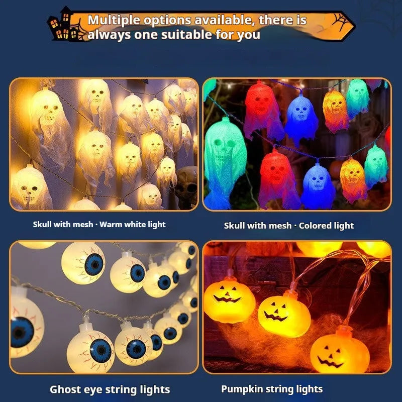 Halloween decoration LED fairy lights in coloured or warm white on a dark wall