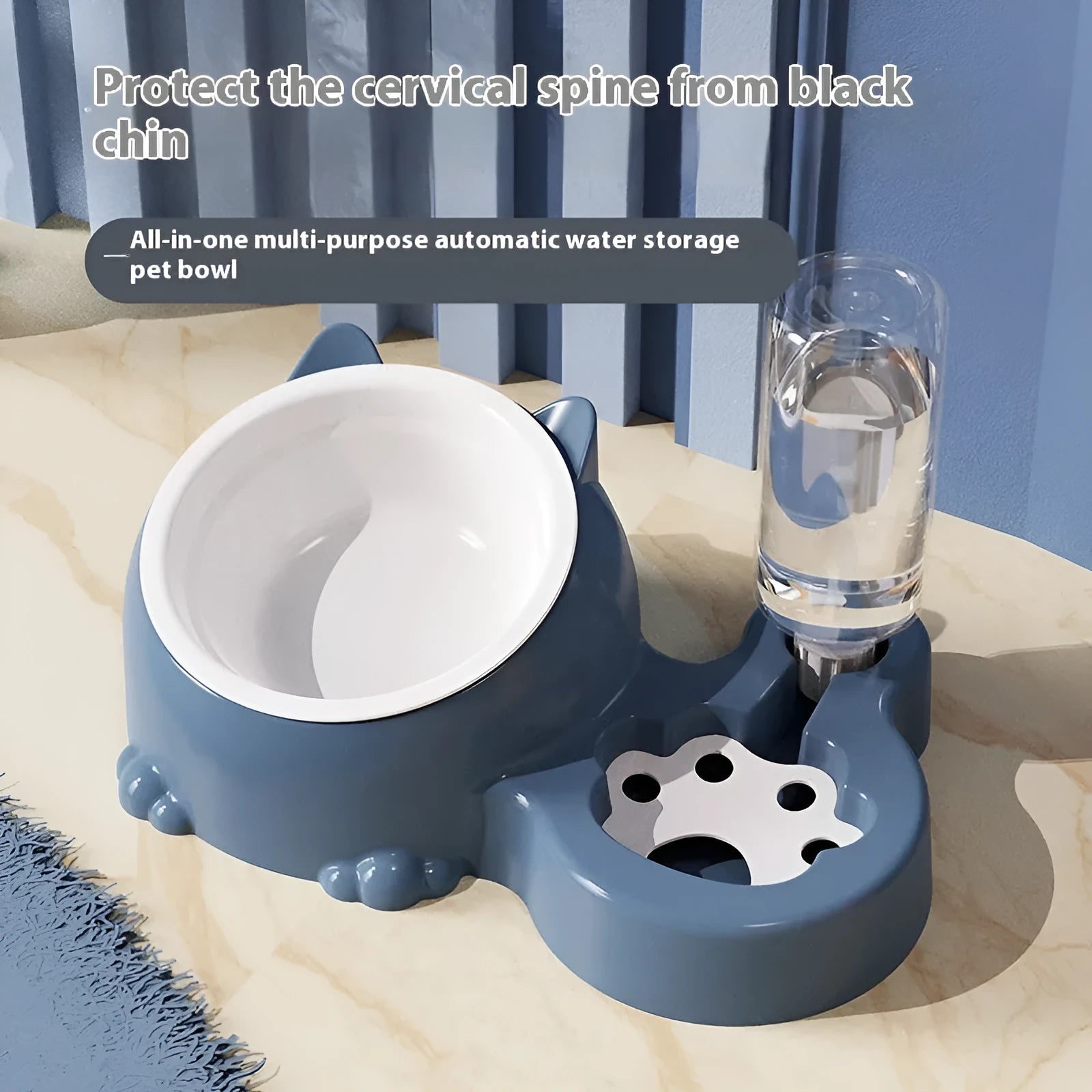 Double bowl ceramic automatic dog water bowl with stainless steel insert in blue finish