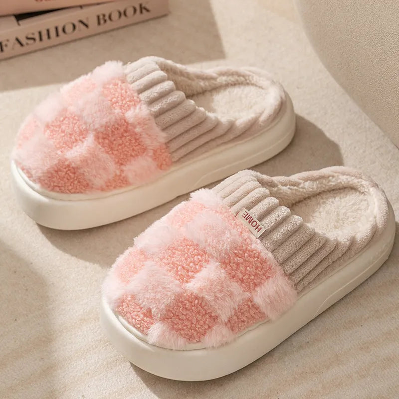 Women's plaid plush slippers with anti-slip PVC sole and round toe design