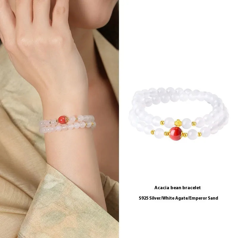 Women's white agate bracelet with cinnabar accents featuring 6mm geometry beads in double layer design