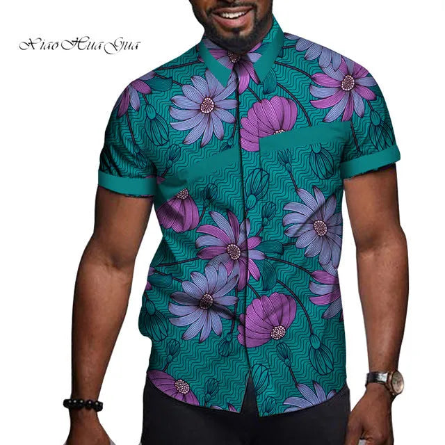 African men cotton printed short sleeve lapel t shirt with colourblock design, available in multiple colours