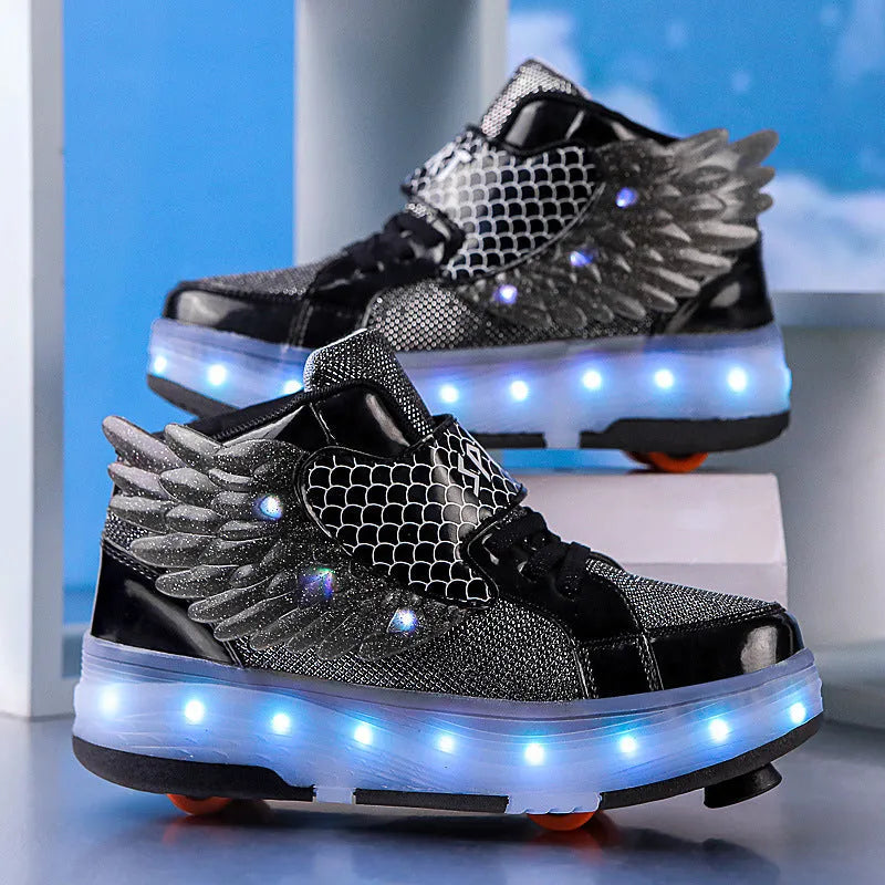 Children's double-wheel LED luminous rollerskate in black with glowing wheels, side view.