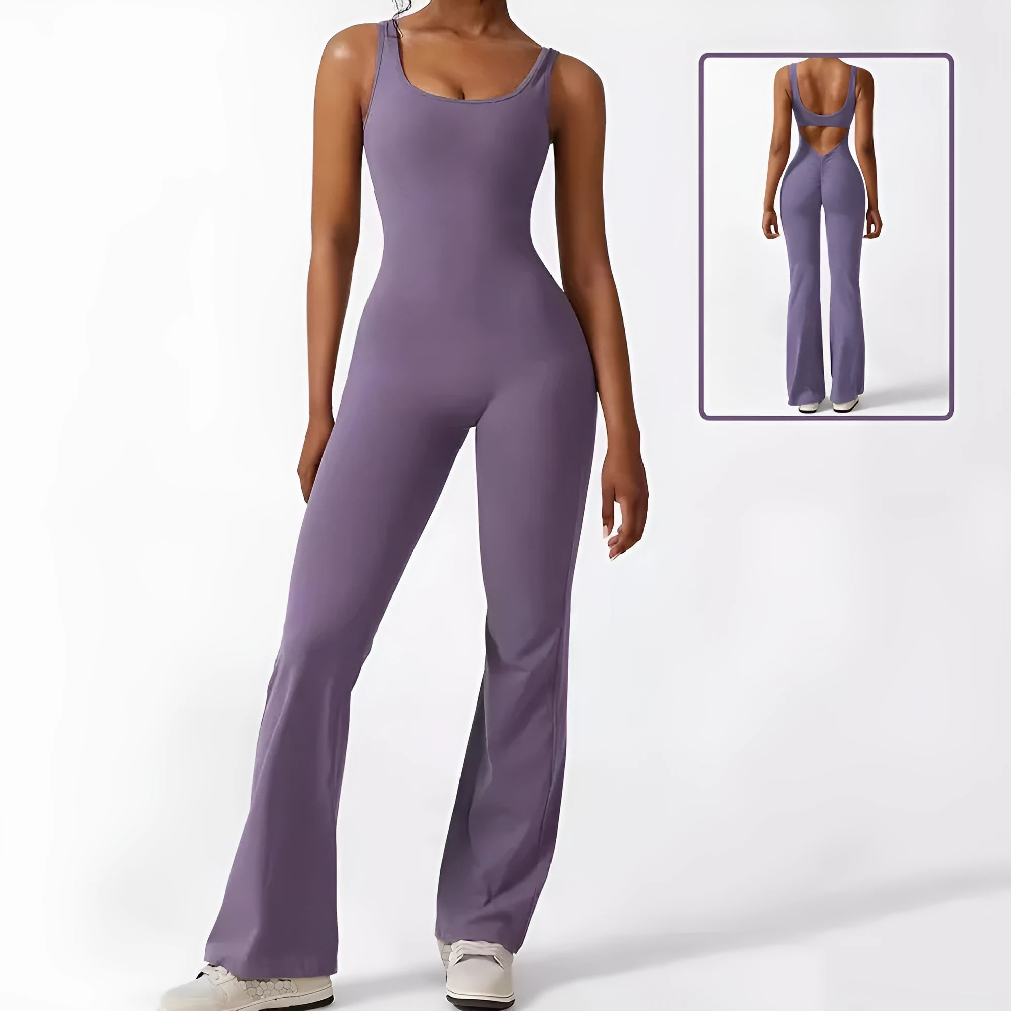 Women's sleeveless flare jumpsuit for yoga fitness in high elasticity polyester fabric
