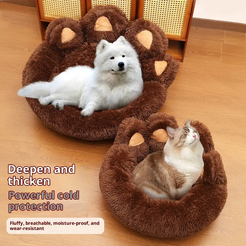 Plush kennel thickened pet bed in coffee colour with hand-shaped brush nest design, 50cm diameter option