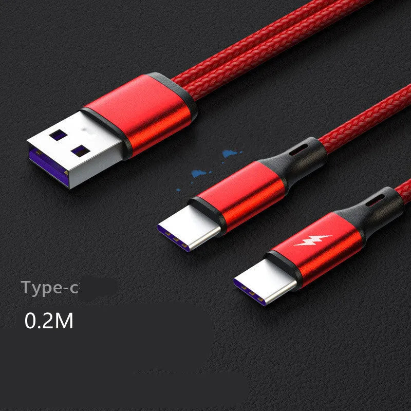 Black braided fast charging cable with dual Android heads for simultaneous device charging