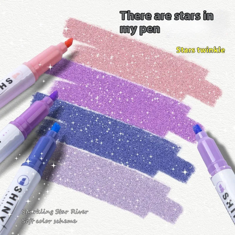 Glitter fluorescent highlighter pen with slanted 4mm tip and ABS plastic body in box packaging