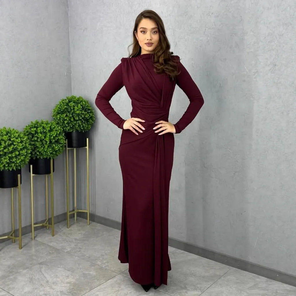 Long sleeve fitted waist pleated long dress in solid colour high waist one-step style