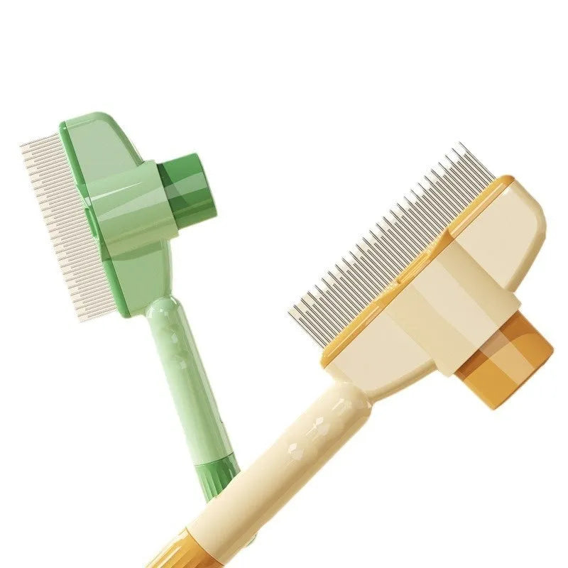 Green self-cleaning pet comb for dogs and cats with stainless steel teeth on a white background.
