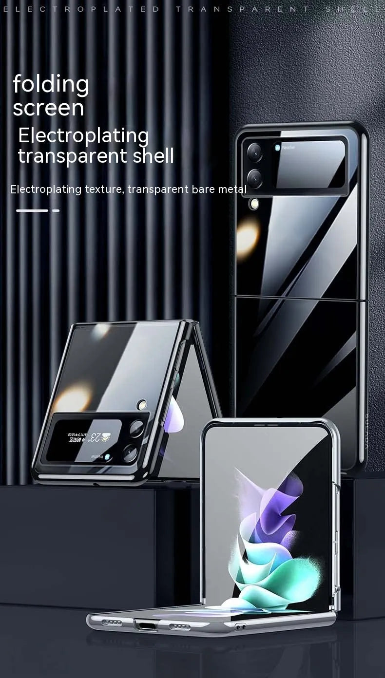 Hard PC transparent electroplating back cover phone case for Samsung Z Flip 3 5G, Z Flip 4, and W23 Flip in black, blue, and silver