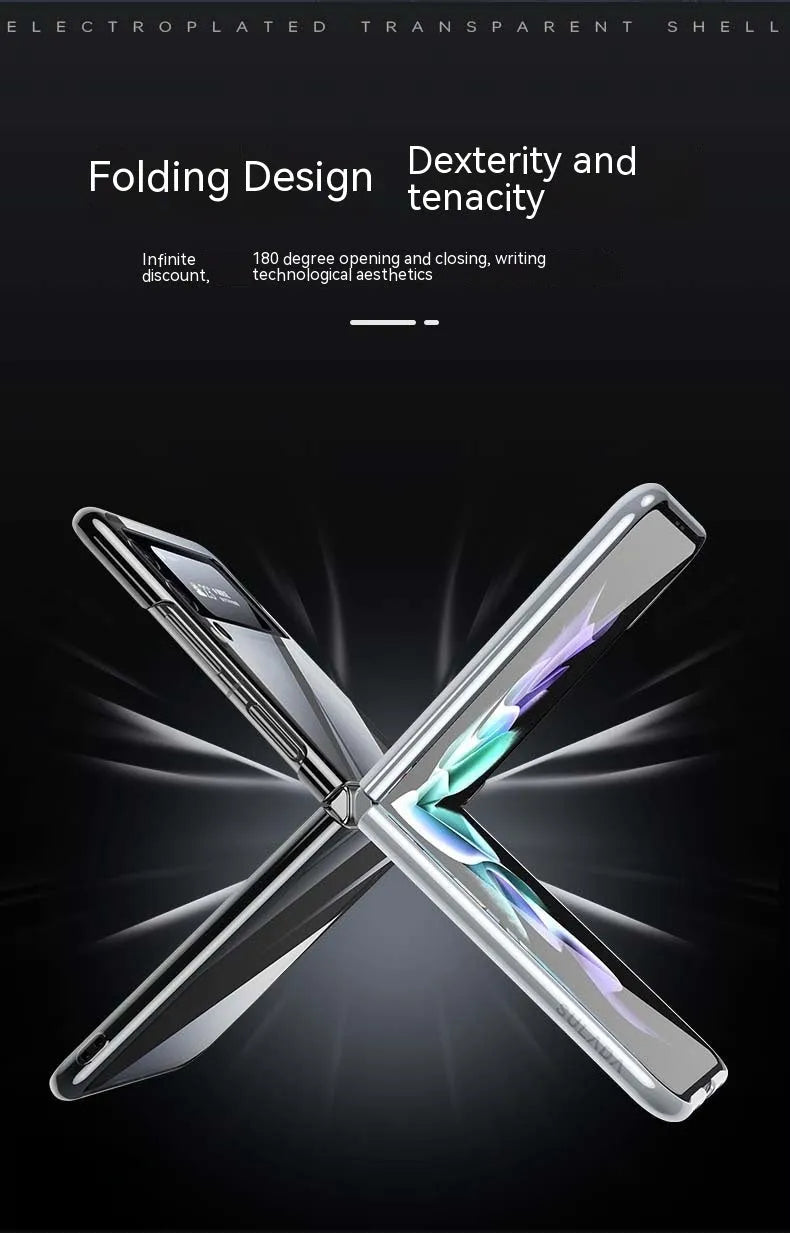 Hard PC transparent electroplating back cover phone case for Samsung Z Flip 3 5G, Z Flip 4, and W23 Flip in black, blue, and silver