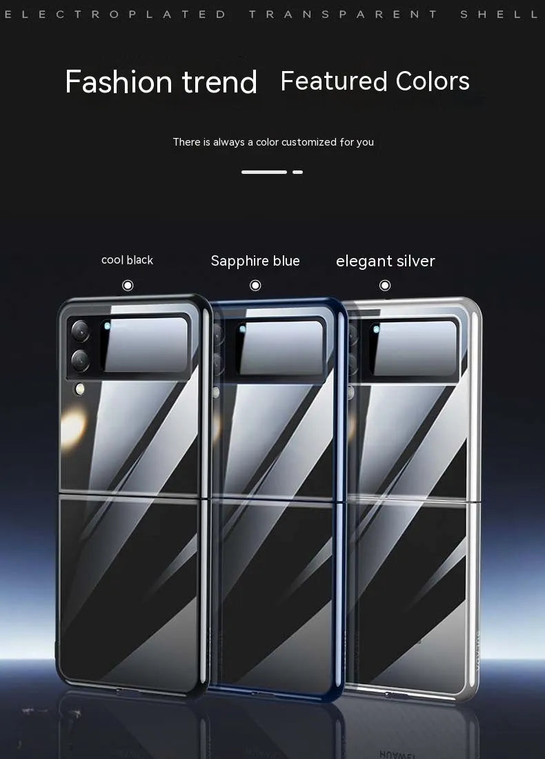 Hard PC transparent electroplating back cover phone case for Samsung Z Flip 3 5G, Z Flip 4, and W23 Flip in black, blue, and silver