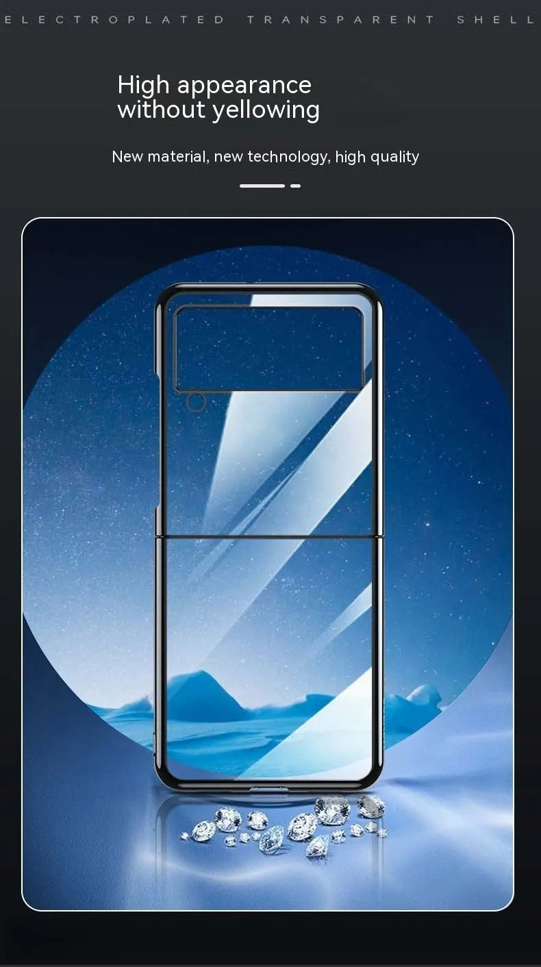 Hard PC transparent electroplating back cover phone case for Samsung Z Flip 3 5G, Z Flip 4, and W23 Flip in black, blue, and silver