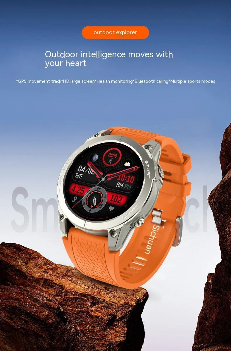 S53 black and orange outdoor GPS sports smart watch with touch screen on silicone strap
