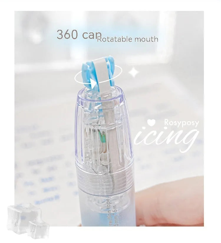 Press correction tape in white colour showing applicator and tape head, compact 5x6cm size