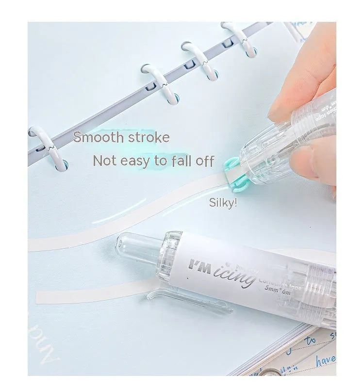 Press correction tape in white colour showing applicator and tape head, compact 5x6cm size