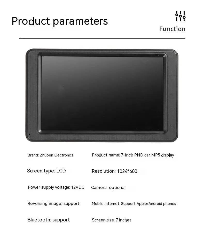 Portable 7-inch vehicle MP5 player with LCD screen and mounting bracket