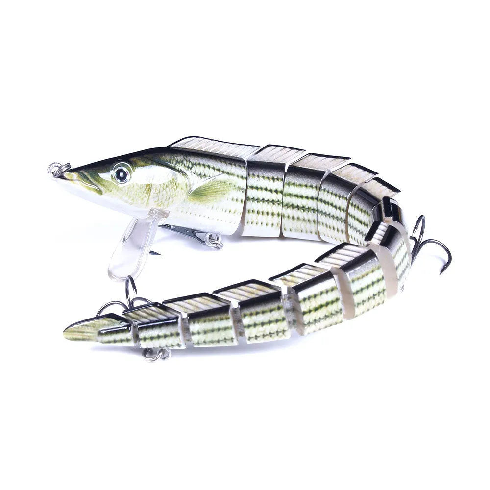 Multi-segment soft fishing lure mimicking a loach, shown in a realistic colour pattern with a visible hook.