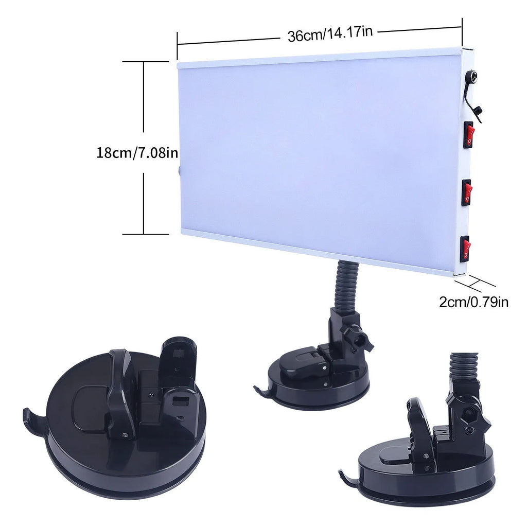 White car dent repair detector kit with concave inspection light for automotive bodywork assessment