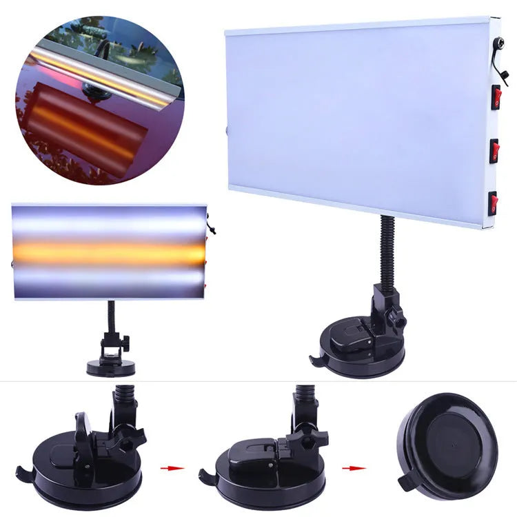 White car dent repair detector kit with concave inspection light for automotive bodywork assessment