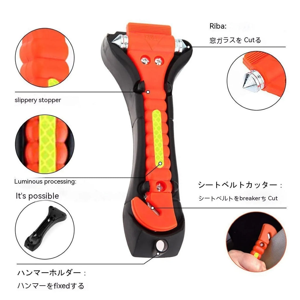 Red car emergency safety hammer with window breaker tip and seatbelt cutter blade