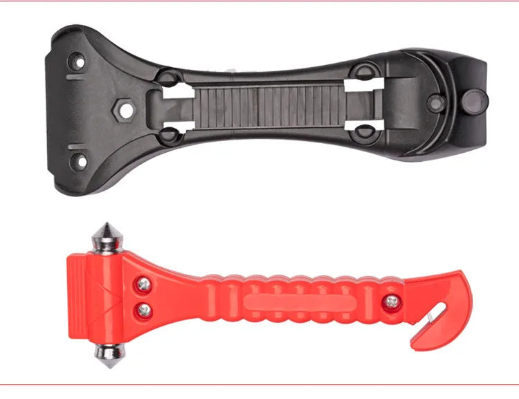 Red car emergency safety hammer with window breaker tip and seatbelt cutter blade