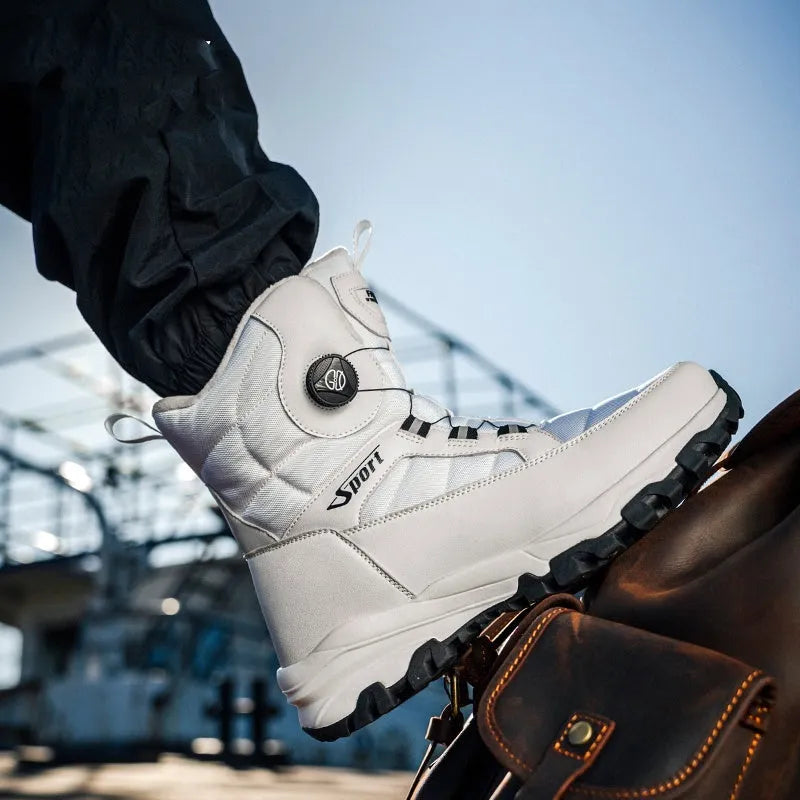 Men's fleece-lined snow boots in black with non-slip EVA sole on white background