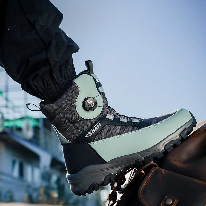 Men's fleece-lined snow boots in black with non-slip EVA sole on white background