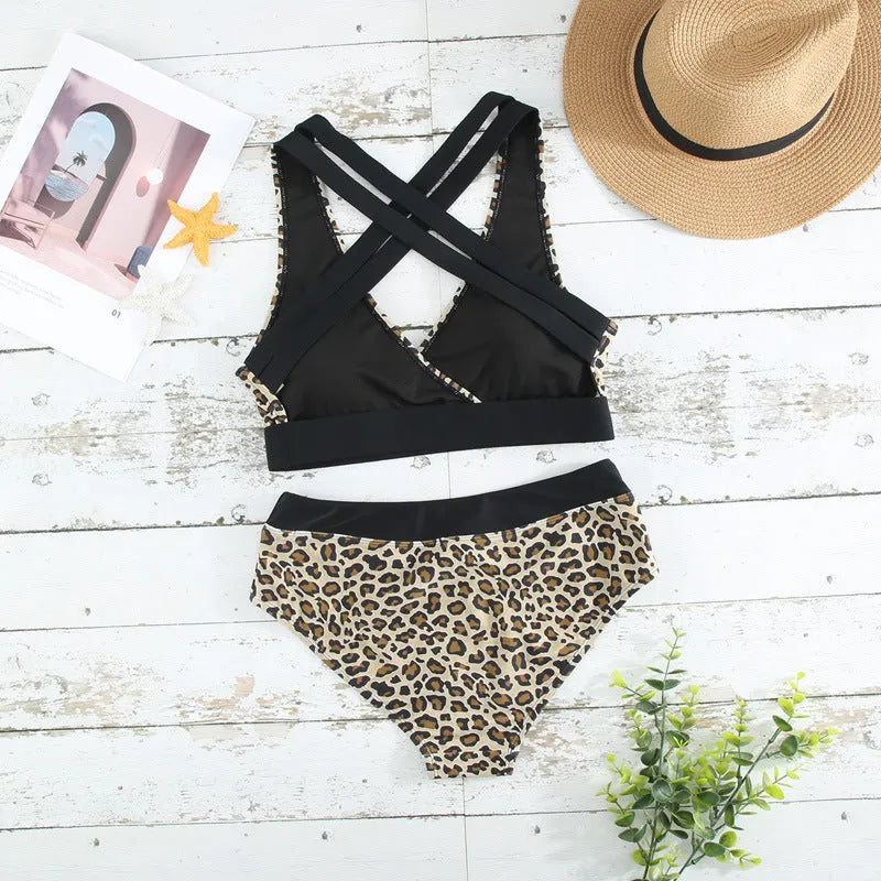 Leopard print women's bikini with V-neck design and cross banded top