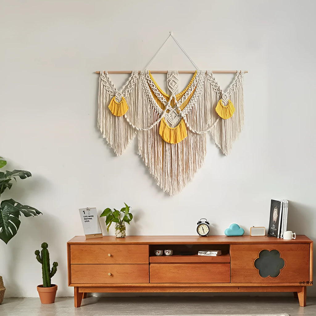 Hand-woven creamy-white cotton Nordic tapestry with yellow accents, 120cm by 95cm rectangular wall hanging.