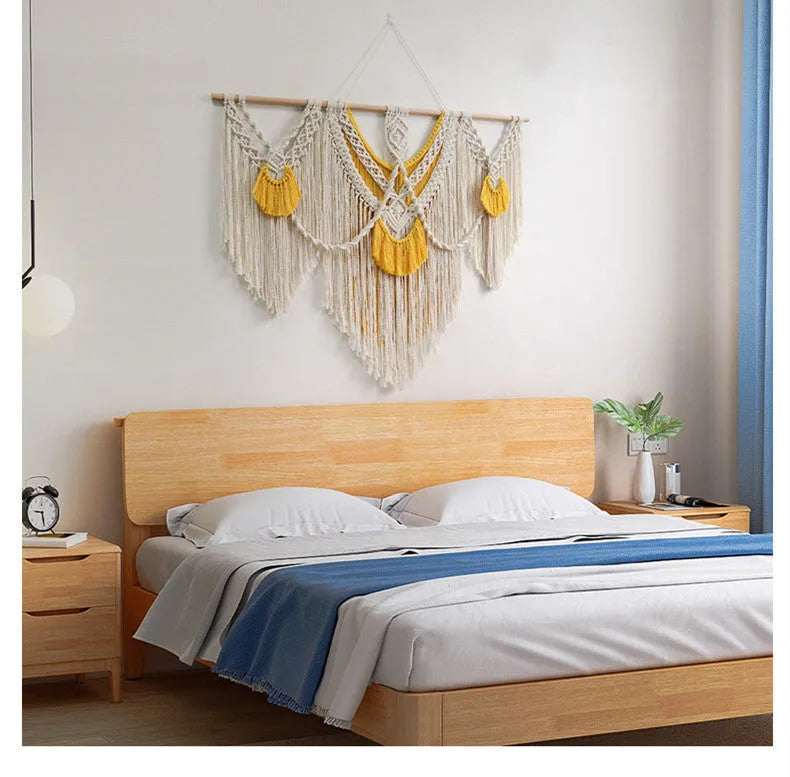 Hand-woven creamy-white cotton Nordic tapestry with yellow accents, 120cm by 95cm rectangular wall hanging.